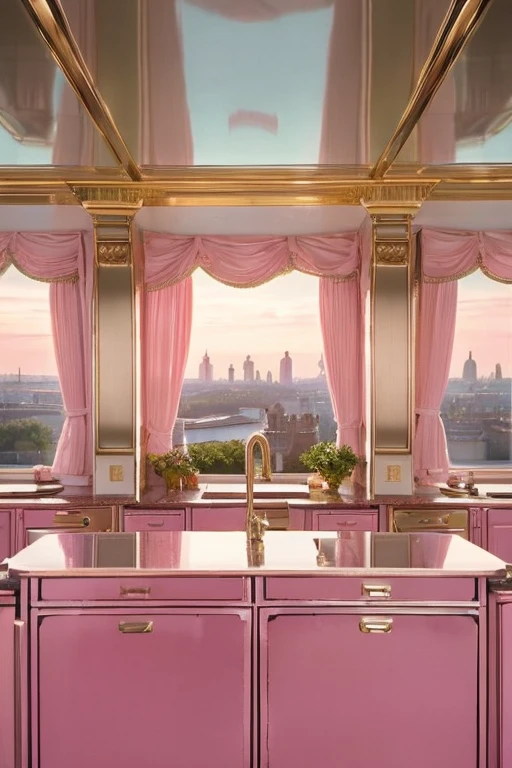 dreamy, luxurious kitchen with baby pink satin metallic glossy furniture at early morning with a view overlooking of london. enhancing the magical, serene atmosphere. 1989 retro, retrowave,