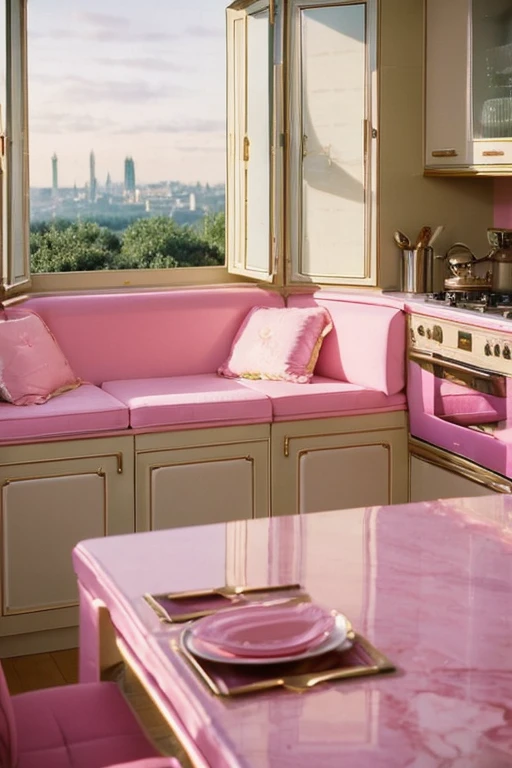 dreamy, luxurious kitchen with baby pink satin metallic glossy furniture at early morning with a view overlooking of london. enhancing the magical, serene atmosphere. 1989 retro, retrowave,