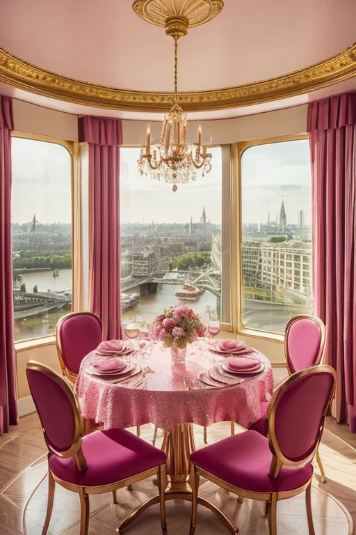 dreamy, luxurious dining room with baby pink satin metallic glossy furniture at early morning with a view overlooking of london. enhancing the magical, serene atmosphere. 1989 retro, retrowave,