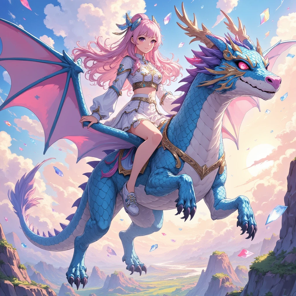 An anime-style portait of a young woman riding a majestic, intricately detailed dragon soaring high above a vibrant, fantastical landscape. The woman has long, flowing hair and wears traditional, fantasy-inspired armor adorned with decorative patterns and gemstones. The dragon has an impressive wingspan with shimmering scales that reflect various colors, and its body is covered with fine, elaborate details, from its powerful claws to its piercing, intelligent eyes. The sky around them is filled with dynamic clouds illuminated by a setting sun, casting a warm glow. The overall atmosphere is one of awe and fantasy, showcasing the bond and strength between the woman and the dragon as they fly together in harmony. The shot is zoomed in on the woman, so her face stands clear and in frame and focus 