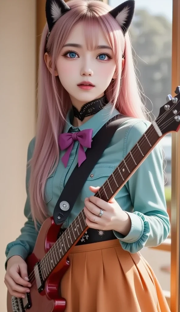 ( 1 girl, size),red metallic body guitar、Black strap、Death Metal (Guitar solo), bubble skirt, aqua shirt, bow, bowtie, button, collared shirt, Expressionless, Eyebrows hidden by hair, fox mask,  cowboy shot, Long Hair,  long sleeve with book in hand, mask, multicolored button, Pink Eyes,  Pink Hair, orange skirt, Check pattern, Check pattern shirt, purple bow, purple bowtie, shirt, skirt, Alone, very Long Hair, sea,  ocean, Beach, cloudy, Sunshine, dusk, moon, cloud, null, Outdoor, cloudy null, leaf, Ruins, Sunbeam,  post-apocalypse,  side view