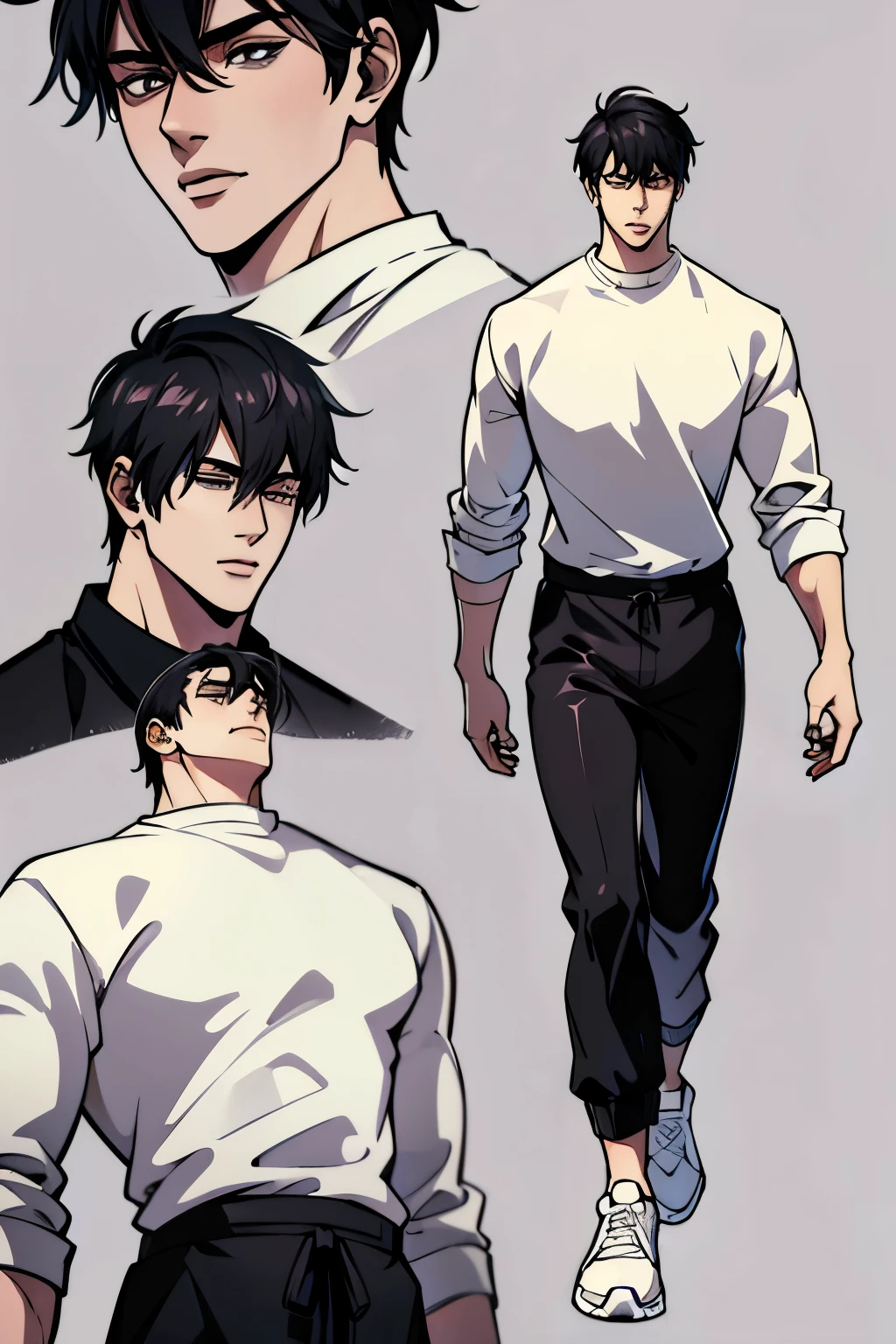 Character Sheet, Character Design, male, 20 years old, black hair, modern clothes, white sweater, black pants, white shoes, ((masterpiece)), 4K, 8K, 16K, UHD, Ultra HD, Ultra detailed