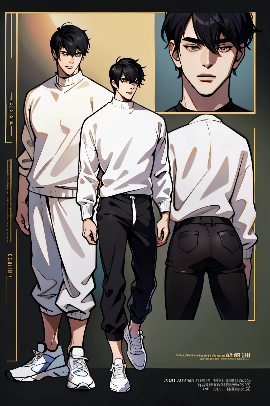 Character Sheet, Character Design, male, 20 years old, black hair, modern clothes, white sweater, black pants, white shoes, ((masterpiece)), 4K, 8K, 16K, UHD, Ultra HD, Ultra detailed