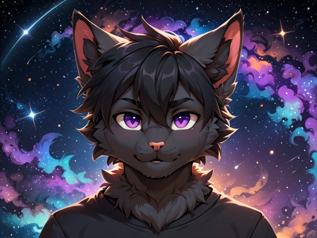 ((furry)) Furry male, ((male focus)), anime style, anime artstyle, ((feline furry)), medium hair, smooth, tuft, detailed, simple shadows, cheeks fluff, ((by Zackary)), ((neck fluff)), icon portrait, avatar icon, detailed, detailed eyes, solo focus, (((Simple Space background))), ((full render)), ((black hair)), ((fully black fur)), black highlights, purple innards, simple shading, ((simple artstyle)), fluffy, ((Dynamic camera angle)), ((Cute artstyle)), simple, ((floating on back)), surprised, confused, ((chilling pose)), full body, ((femboy)), big thighs, sexy body, ((flustered)), navel, 