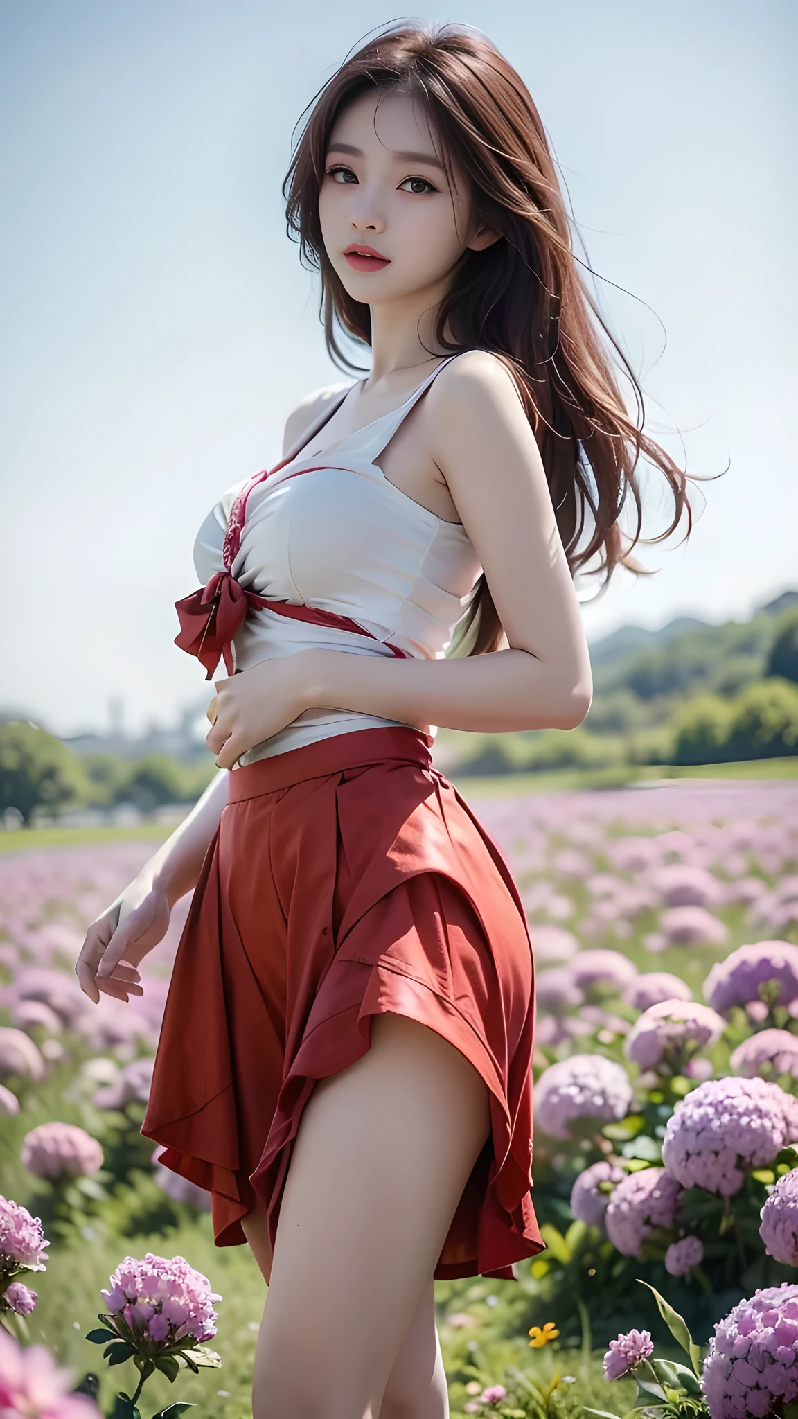 American blazer uniform girl ((White blouse with formal collar, Blue blazer, Blue plaid skirt, Red checkered ribbon on blouse)), Complete limbs, Full Finger, 
A large sunflower field in the countryside、Straight road、Walk through the sunflower field,smile、sun、School bag、Heart Necklace
(((Emphasize cleavage)))
(((Full body photo)))
((Blue sky))
((((Pink floral panties and bra are visible))))
