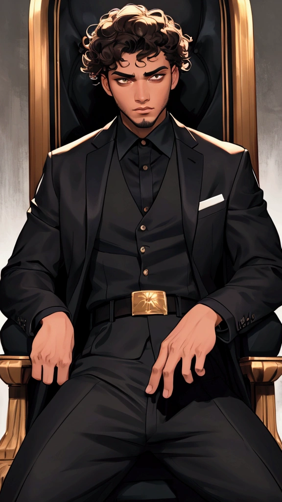  A man Brown skin very short curly black fades hair Dark brown eyes Thick eyeshadow

Suit: black suit with a black print with a black shirt and black pants with a black belt and a black sneaker

I'm trying on a throne 