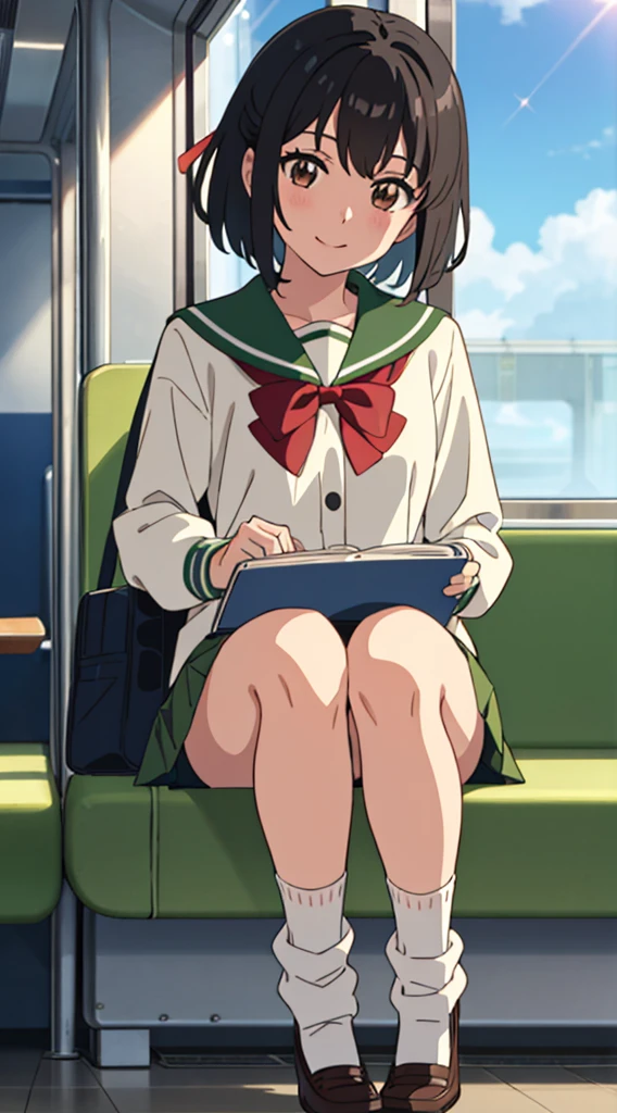 Makoto Shinkai, You are here.,  1 girl, bangs,  Black Hair , ,  Brown Eyes , null, cloud, Sailor collar, green Sailor collar, sailor color , green sailor color , Seraph,  watching viewers, Outdoor, Headband, red Headband, ribbon, red ribbon, bow, red bow,  school uniform ,  short hair, Alone, shirt, white shirt, skirt, green skirt, pleated skirt,  long sleeve with book in hand, smile,  happy ,  opens her mouth, lens_Flare,  sit on a train chair、 lace panties for running around the school、 loose socks 