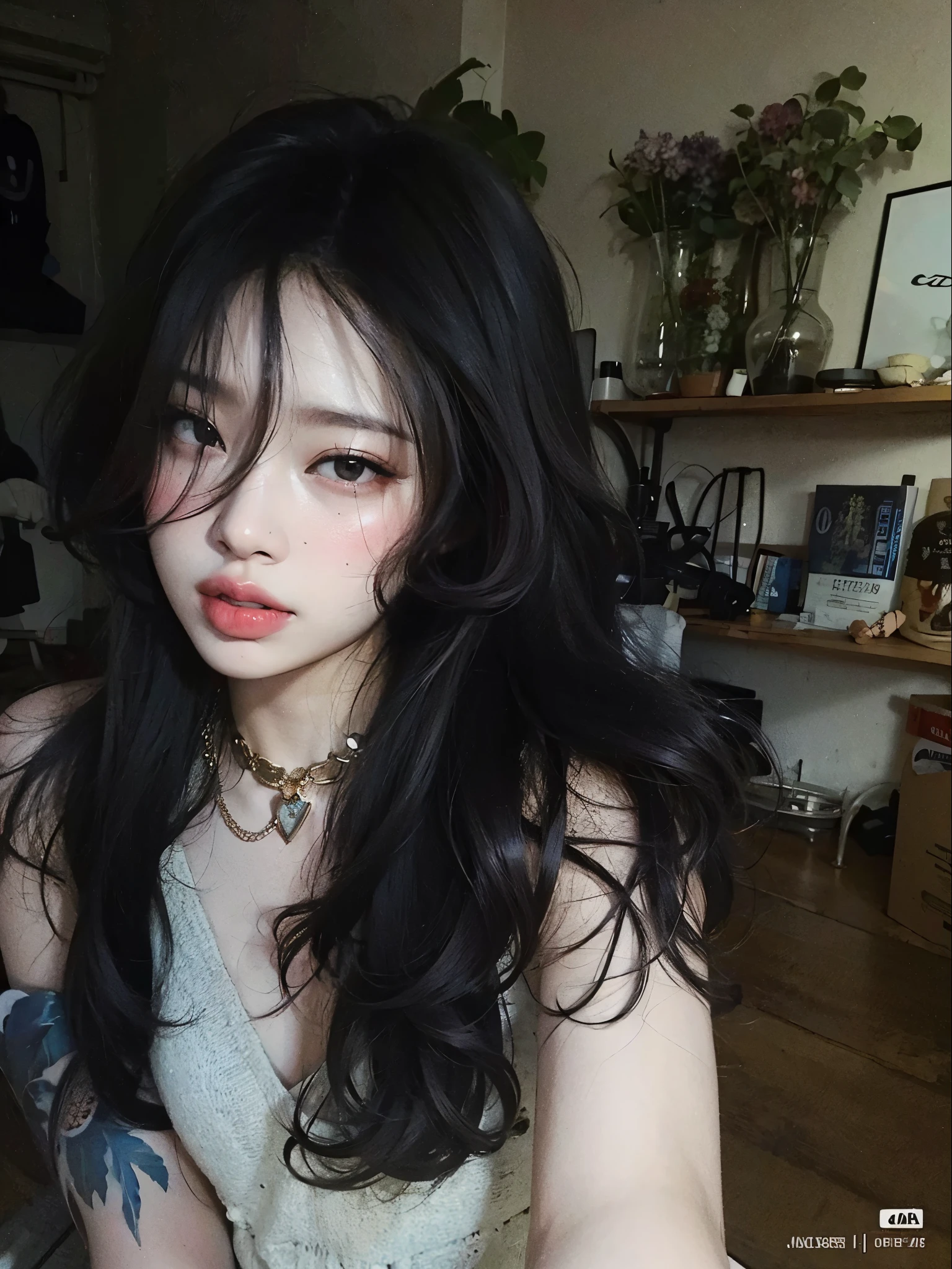 mulher com cabelo preto e tatuagens posando para uma foto, cruel korean goth girl, Ulzzang, com cabelo comprido and piercing eyes, 🤤 retrato de , messy long black hair, asian girl com cabelo comprido, messy black hair, cabelo longo e escuro com franja, ela tem cabelo preto com franja, coreana, goth girl aesthetic, com cabelo comprido