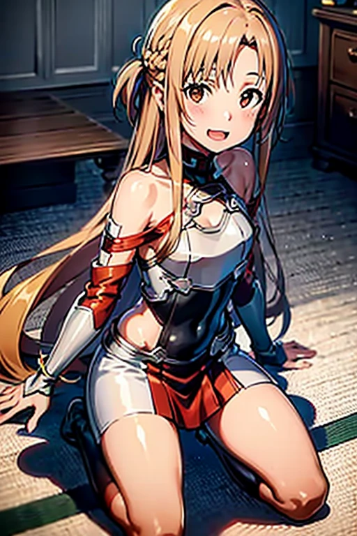 ((Best Quality)), ((masterpiece)), (be familiar with),  perfect face, indoor, bedroom,  watching viewers,
One woman, Yuuki Asuna,
 characters with open mouth ,  ecstatic expression , blush, smile,
Small breasts,  flat chest, , ,  kids, Girl,
Long Hair,  long hair,
Leg spread,