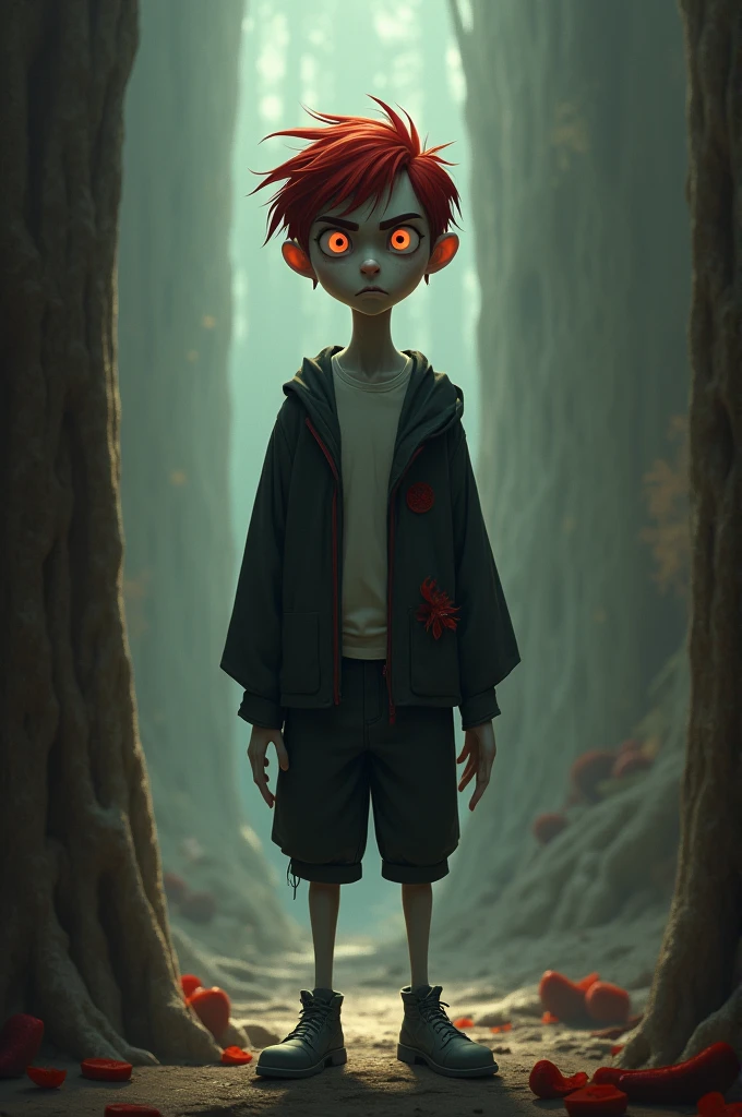 Please create a 17 year old female dressed in a tight black short sleeved blouse with STRAIGHT RED STRIPES, a dark pastel green pants, Red All Star Sneakers. She is in a pine forest fighting scary tentacles. She has a serious expression. His eyes are red and he has a piercing in his eyebrow., his hair is SHORT AND PURPLE SHAVED ON THE SIDE.