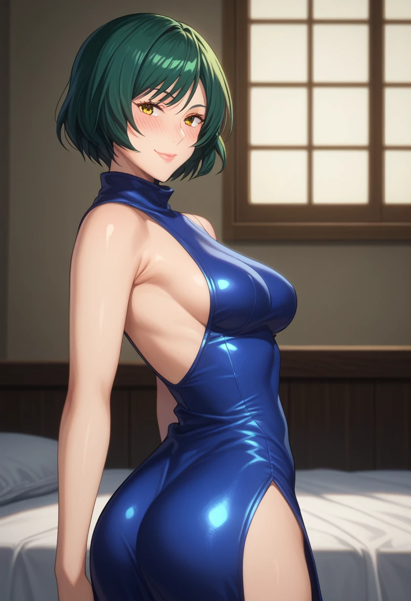 score_9,score_8_up,score_7_up,score_6_up,score_5_up,score_4_up BREAK skinny, medium breasts, shiny skin,bokeh,bloom, indoors,light particles, bedroom, 1girl, ((clear eyes)), Mai Zenin, (((green short hair))), yellow eyes, medium lips, pink lips, mature female, ((perfect model body)), ((blue tight dress, bare shoulders, pelvic curtain,)), wide hips, lewd look, seductive pose, blush, model pose, posing, blush, naughty smile, pumped up ass, dynamic angle