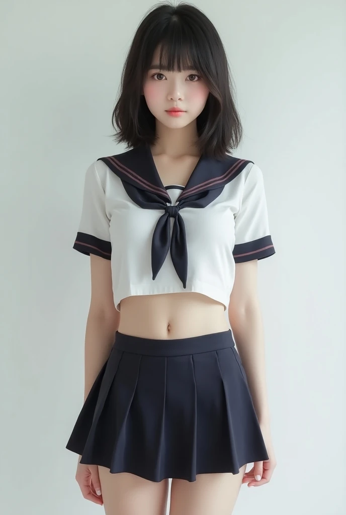 photorealistic, Ultra-detailed, (best quality, 8k, 32k, masterpiece, UHD:1.2), Photo of 25yo beautiful Japanese woman taken by professional photographer, school hallway, ((walking)), summer sailor costume, short sleeve, sailor collar, bowtie, pleated mini skirt with panties, short hair, skinny, flat chest, navel, sunlight, looking to the side,