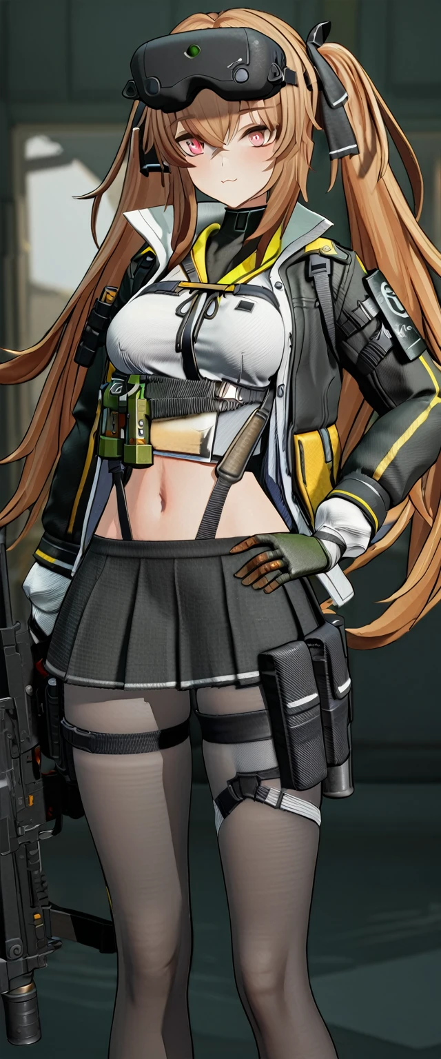 masterpiece,  best quality, UMP9 \( Girls Frontline\),  twin tails,  clevis,  Staring at the Audience, Scar above eye, 3D Style, Put your hands on your stomach ,  black skirt,  Pantyhose ,  Submachine Gun, 