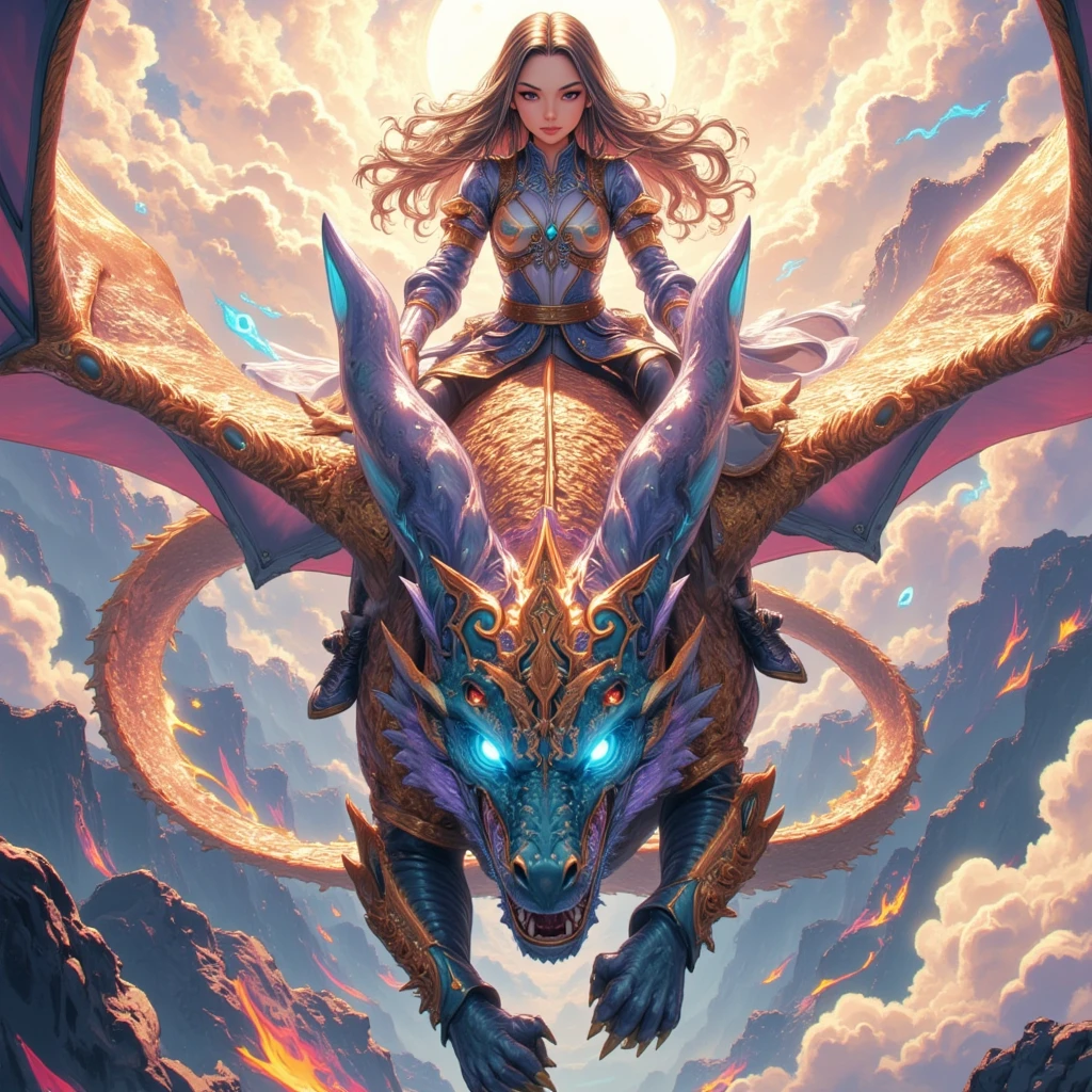 An extreme close-up portait of a young woman riding a majestic, intricately detailed dragon soaring high above a vibrant, fantastical landscape. The woman has long, flowing hair and wears traditional, fantasy-inspired armor adorned with decorative patterns and gemstones. The dragon has an impressive wingspan with shimmering scales that reflect various colors, and its body is covered with fine, elaborate details, from its powerful claws to its piercing, intelligent eyes. The sky around them is filled with dynamic clouds illuminated by a setting sun, casting a warm glow. The overall atmosphere is one of awe and fantasy, showcasing the bond and strength between the woman and the dragon as they fly together in harmony. 