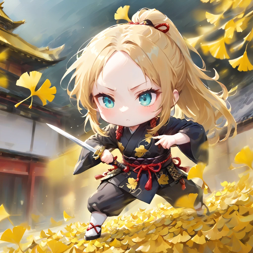 1 girl, cute, chibi, slender, pale skin, long blonde hair, ponytail, big droopy eyes, aqua eyes,
black ninja costume, fighting stance, hold on dagger in one hand, serious look,
(yellow ginkgo leaves), japanese castle, motion blur, many samurai,