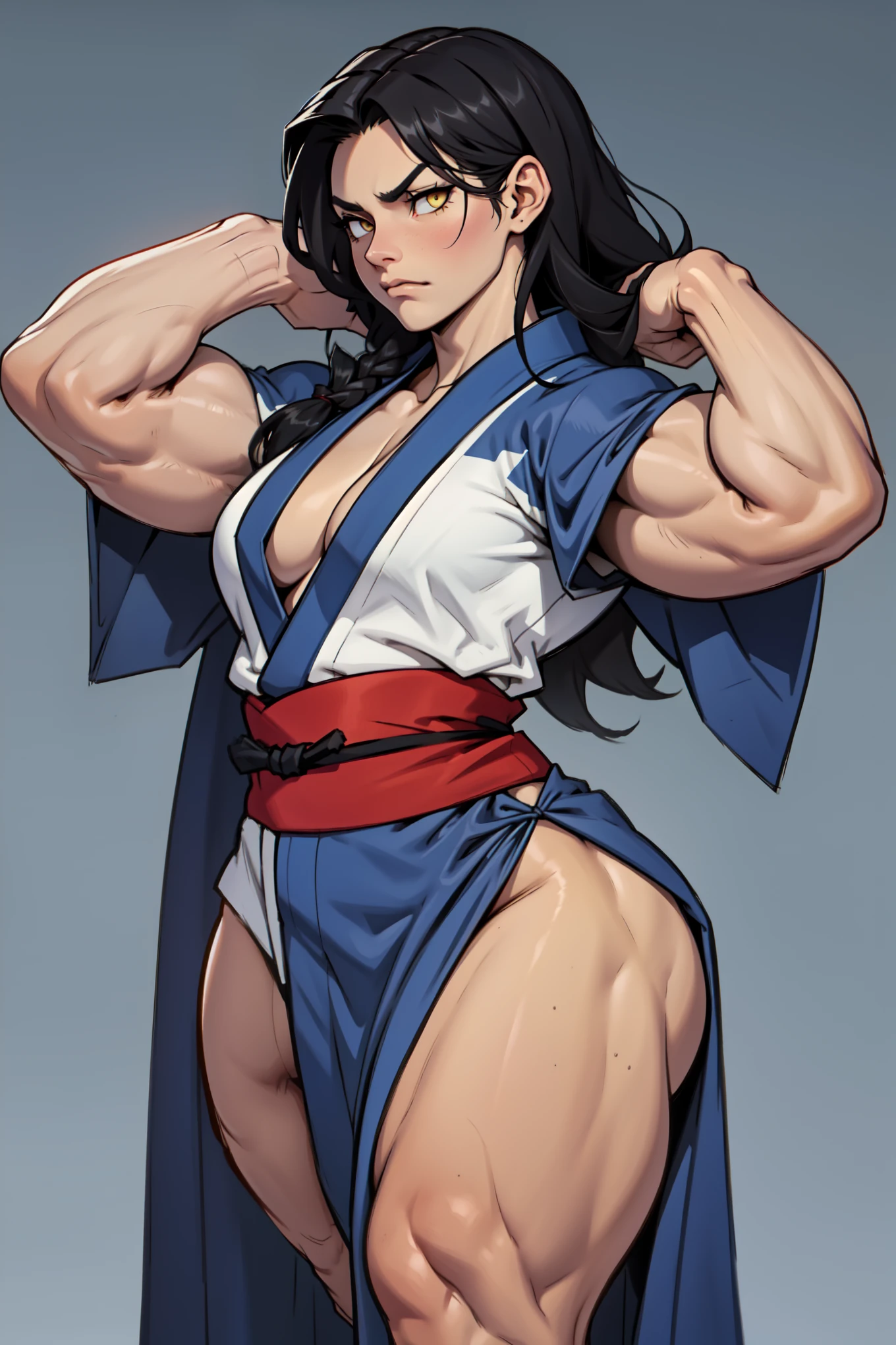 score_9, score_8_up, score_7_up, BREAK, 1girl, solo, breasts, fh1to, blue g-string thong, fit body, chiseled abdomen, ((sexy pose)), teasing, superb and dominant, slender, (((very powerful muscles))), biceps, (((naked breasts))), standing tall, (((full figure view))), enraged, (((hitting a guy with open hand))), launching a karate hit, showing ass, long legged, dark hair, nipples