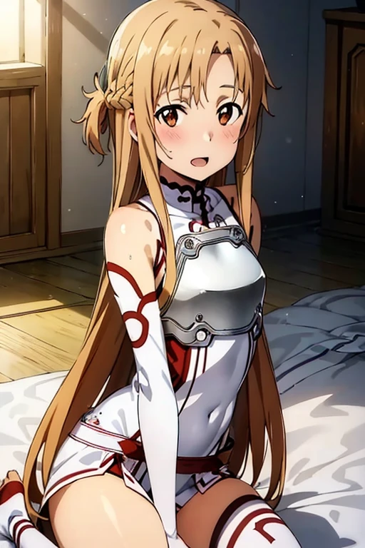 ((Best Quality)), ((masterpiece)), (be familiar with),  perfect face, indoor, bedroom,  watching viewers,
One woman, Yuuki Asuna,
 characters with open mouth ,  ecstatic expression , blush, smile,
Small breasts,  flat chest, , ,  kids, Girl,
Long Hair,  long hair,
Leg spread,