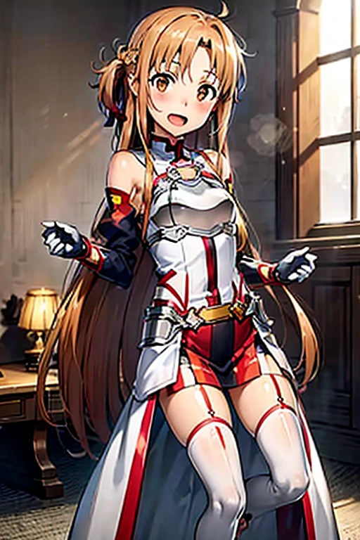 ((Best Quality)), ((masterpiece)), (be familiar with),  perfect face, indoor, bedroom,  watching viewers,
One woman, Yuuki Asuna,
 characters with open mouth ,  ecstatic expression , blush, smile,
Small breasts,  flat chest, , ,  kids, Girl,
Long Hair,  long hair,
Leg spread,