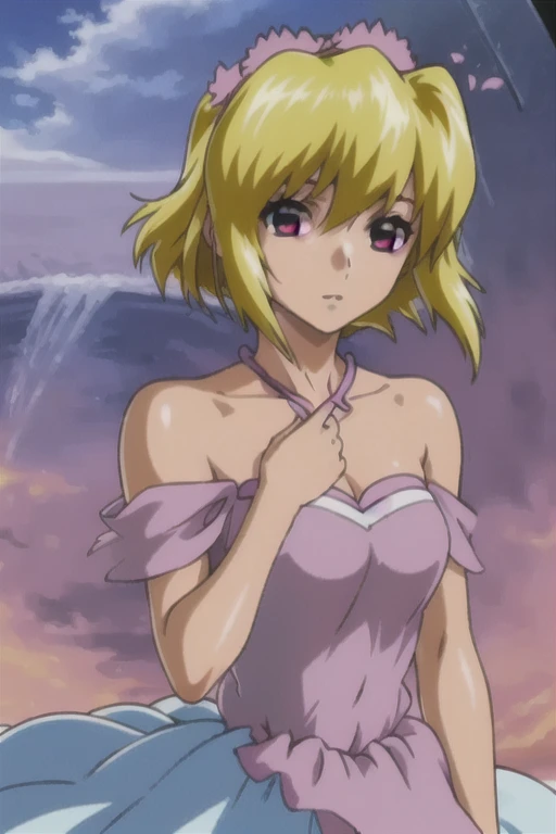 "(masterpiece:1.1), best quality, (NSFW:1.1), 
1girl, (80s anime style:1.3), (eyelashes:1.5), (loli:1.2), 
(intricate high detailed body:1.2), 
yellow hair, 
(forehead, short blunt bangs:1.1), (very short hair, pixie cut:1.1), (crown:1.2), 
red eyes, (lip stick:1.4), 
(medium breasts:1.1), 
(shy:1.2), (blush:1.1), 
(see-through bikini armor, criss-cross halter:1.2), 
(belts:1.1), (hoop earrings:1.1), bracelet, 
standing, claw pose, 
(upper body, cowboy shot, looking at viewer, from front:1.1),
(daytime, woods, grassland, outdoors:1.1)"