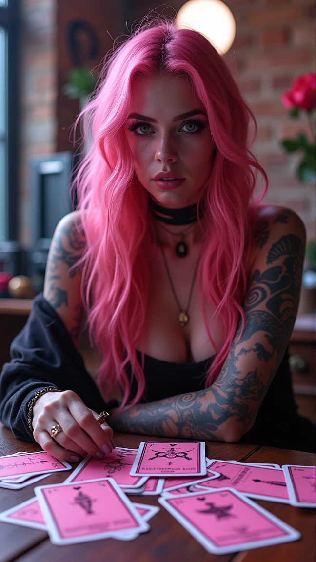 30 year old woman, with tattoos, pink hair, (totally naked), green eyes, fit figure, excited face, seductive look, selfie photo, ultra sex lingerie, without clothes, nude body ultra realistic 8k model
