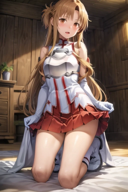 ((Best Quality)), ((masterpiece)), (be familiar with),  perfect face, indoor, bedroom,  watching viewers,
One woman, Yuuki Asuna,
 characters with open mouth ,  ecstatic expression , blush, smile,
Small breasts,  flat chest, , ,  kids, Girl,
Long Hair,  long hair,
Leg spread,