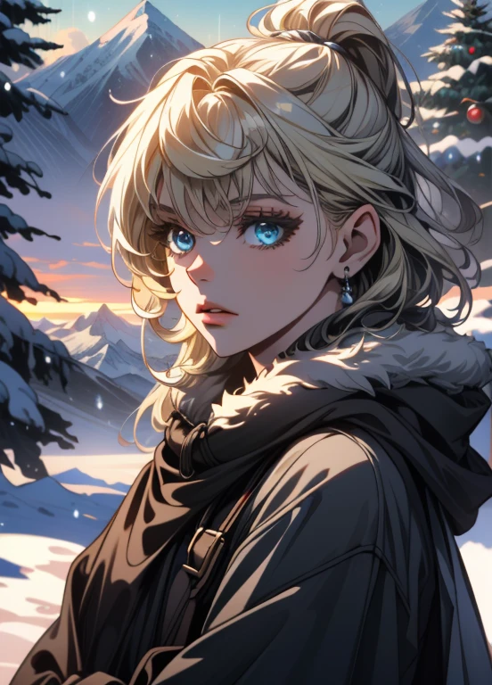 1girl, blonde hair, blue eyes, beautiful detailed eyes, beautiful detailed lips, extremely detailed eyes and face, longeyelashes, winter clothing, cowboy shot, in a winter wonderland, snow, ice, pine trees, mountains, (best quality,4k,8k,highres,masterpiece:1.2),ultra-detailed,(realistic,photorealistic,photo-realistic:1.37),HDR,UHD,studio lighting,ultra-fine painting,sharp focus,physically-based rendering,extreme detail description,professional,vivid colors,bokeh,winter,cold,frozen,icy,snowy,christmas