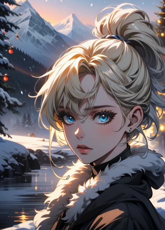 1girl, blonde hair, blue eyes, beautiful detailed eyes, beautiful detailed lips, extremely detailed eyes and face, longeyelashes, winter clothing, cowboy shot, in a winter wonderland, snow, ice, pine trees, mountains, (best quality,4k,8k,highres,masterpiece:1.2),ultra-detailed,(realistic,photorealistic,photo-realistic:1.37),HDR,UHD,studio lighting,ultra-fine painting,sharp focus,physically-based rendering,extreme detail description,professional,vivid colors,bokeh,winter,cold,frozen,icy,snowy,christmas