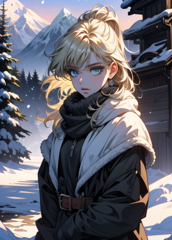 1girl, blonde hair, blue eyes, beautiful detailed eyes, beautiful detailed lips, extremely detailed eyes and face, longeyelashes, winter clothing, cowboy shot, in a winter wonderland, snow, ice, pine trees, mountains, (best quality,4k,8k,highres,masterpiece:1.2),ultra-detailed,(realistic,photorealistic,photo-realistic:1.37),HDR,UHD,studio lighting,ultra-fine painting,sharp focus,physically-based rendering,extreme detail description,professional,vivid colors,bokeh,winter,cold,frozen,icy,snowy,christmas