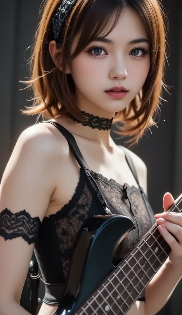  Swedish metal rock girl with guitar,  intense gaze staring at camera , Gothic makeup ,  intricate detail,  highly detailed eyes,  flashy hairstyle and dark gothic dress ,  flash photo , on stage,  intricate detail