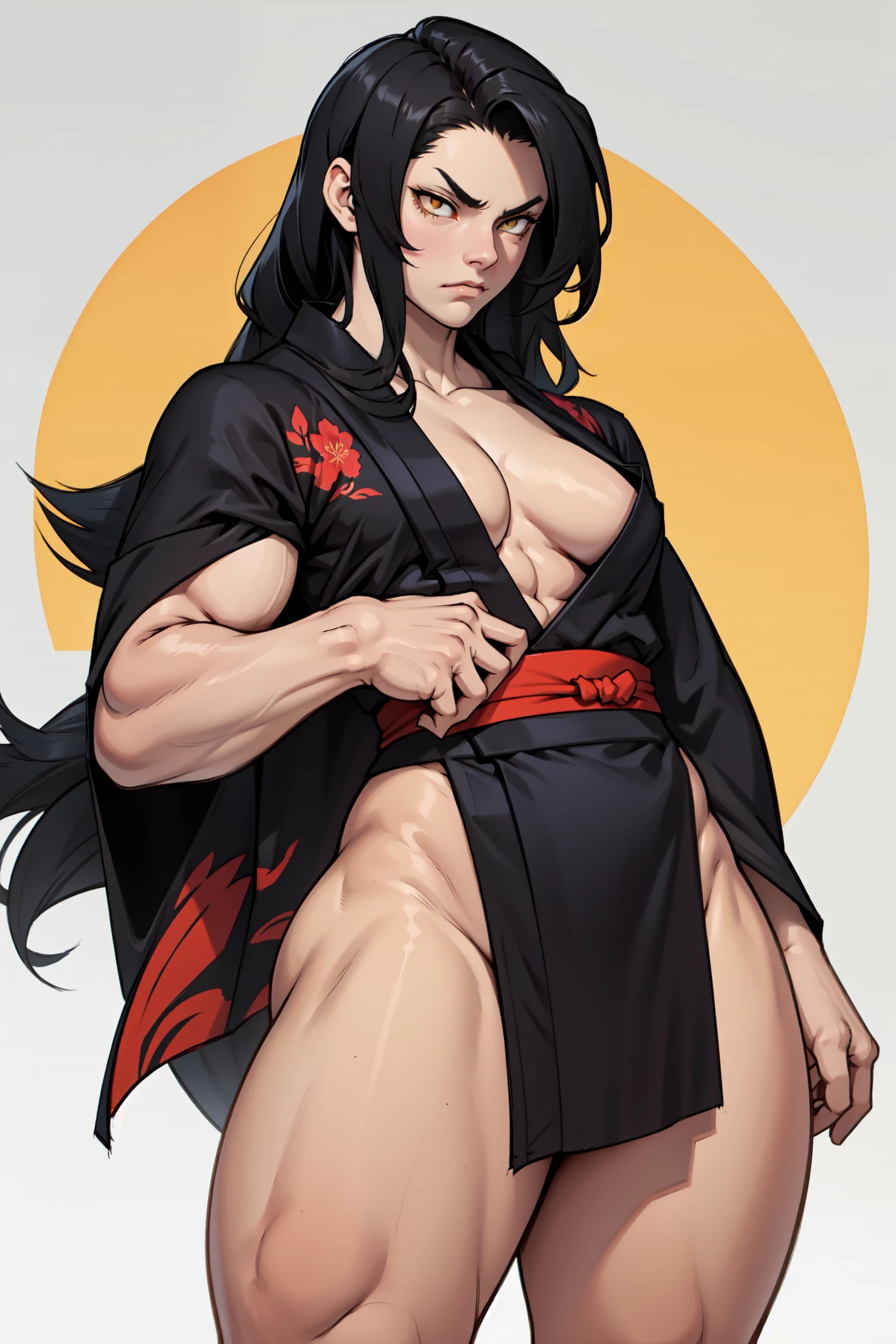 black hair, yellow eyes, solo, sweaty, shiny skin, angry, pale skin, ((((((muscular, 1girl)))))), curvy, thin waist, very long hair, sweaty, perky breasts, kimono sakura