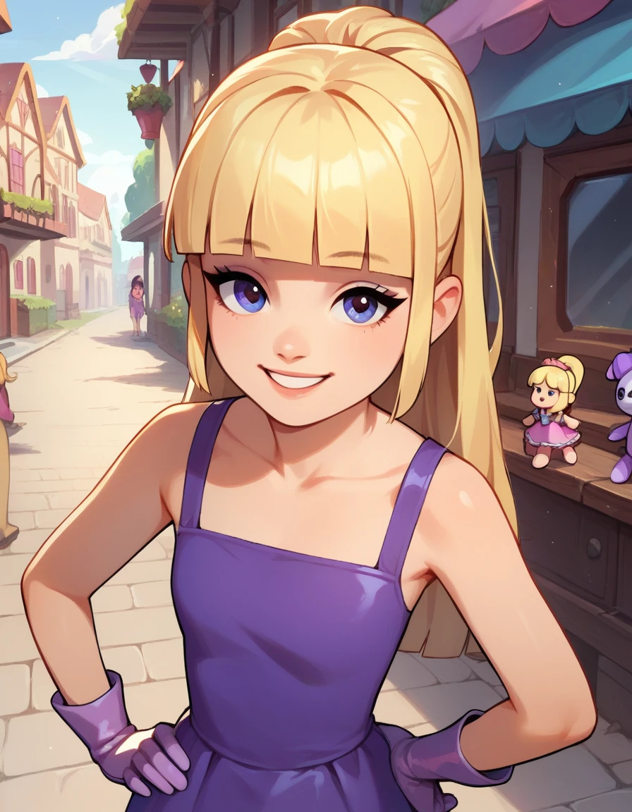  peaceful,  a girl, Alone, Blonde hair, gloves, joy, toys, dress,  long hair, purple dress, fringe,purple gloves, blunt fringe, hand on hip, smile, looking at the viewer ,  ponytail , to the Makeacs, style parody,  eye shadow 