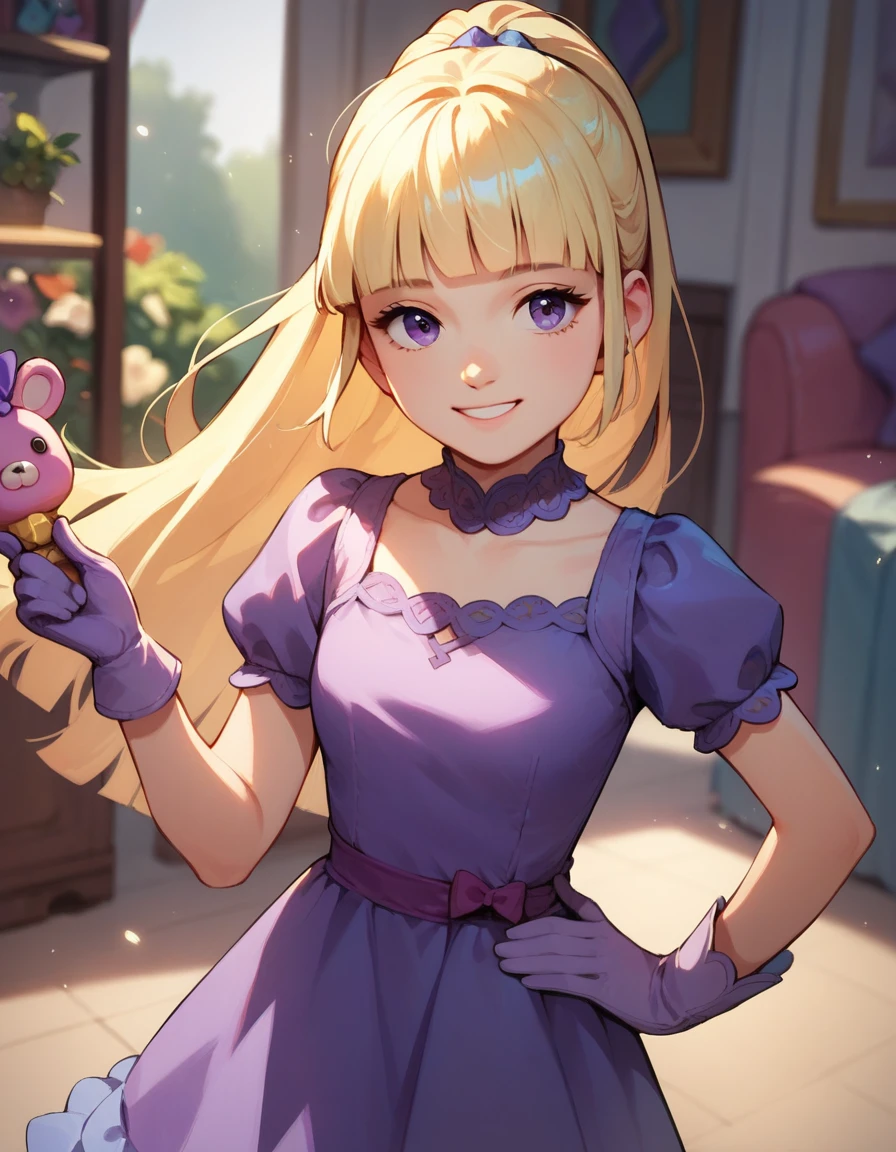  peaceful,  a girl, Alone, Blonde hair, gloves, joy, toys, dress,  long hair, purple dress, fringe,purple gloves, blunt fringe, hand on hip, smile, looking at the viewer ,  ponytail 