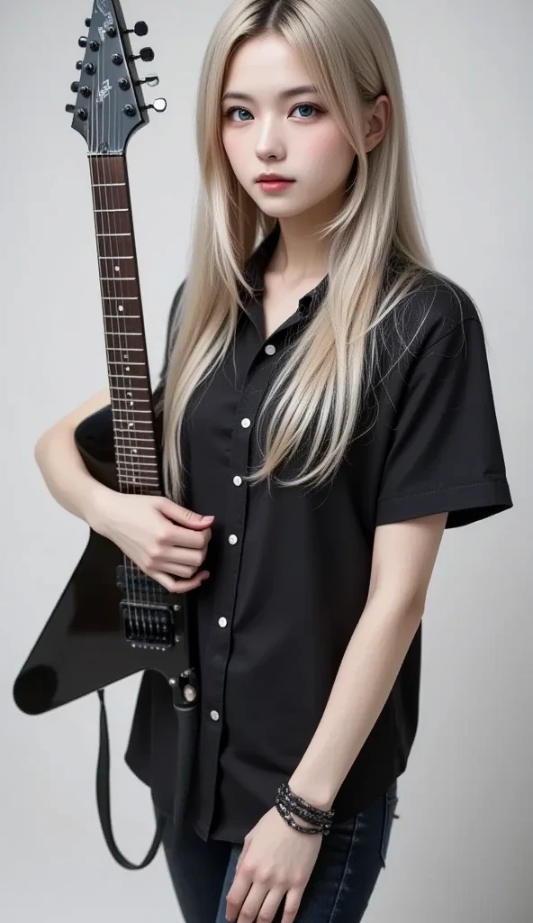 (((White background:1.5)))、( extremely wide shots )、(masterpiece、、Best Quality、masterpiece、４hair:1.2)、Slender body、 holding a black electric guitar, Scandinavian metal girl , camera friendly gaze ,  intricate detail,  highly detailed eyes, High Resolution Finger、Long silver hair、( black shirt and jeans )、 gentle smile、((( dynamic pose:1.5)))
