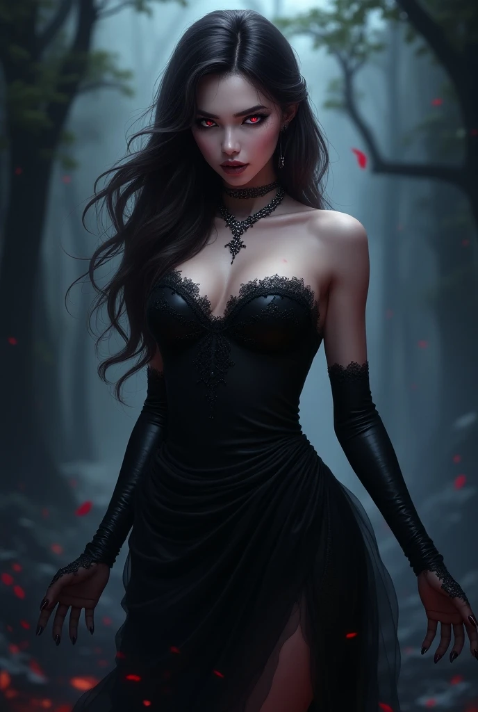 Valeria has long, flowing, midnight black hair that shimmers with an ethereal, almost otherworldly, blue tint when it catches the light. Her hair cascades down her back in loose waves, reaching her lower back.
Her eyes are a striking, intense crimson red that seem to pierce through to the soul. They glow faintly in the dark, giving her an even more mysterious aura.Her skin is pale, almost porcelain-like, with a flawless, smooth texture. It contrasts beautifully with her dark hair and vibrant eyes.She stands at 5'7", with a slender, elegant build that gives her an air of grace and poise as a demon,Valeria prefers to wear dark, elegant clothing that accentuates her figure. Her favorite outfit is a black, form-fitting dress with silver accents, paired with a long, flowing cloak that seems to move with a life of its own. She often accessorizes with silver jewelry, including a choker with a ruby pendant that rests just above her collarbone.