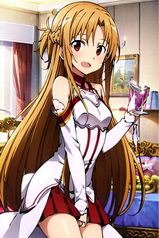 ((Best Quality)), ((masterpiece)), (be familiar with),  perfect face, indoor, bedroom,  watching viewers,
One woman, Yuuki Asuna,
 characters with open mouth ,  ecstatic expression , blush, smile,
Small breasts,  flat chest, , ,  kids, Girl,
Long Hair,  long hair,
Leg spread,