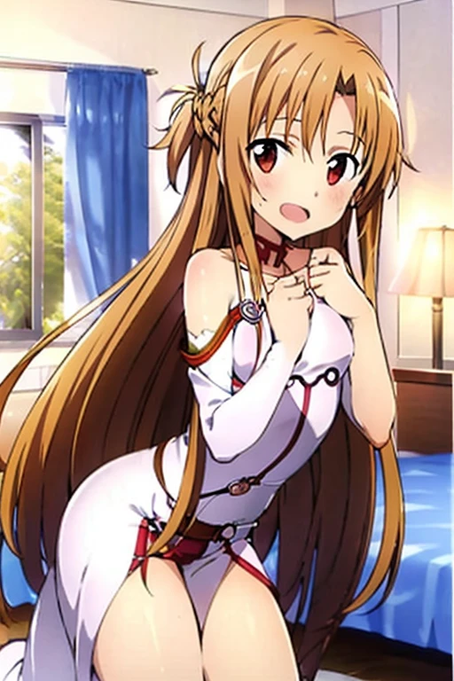 ((Best Quality)), ((masterpiece)), (be familiar with),  perfect face, indoor, bedroom,  watching viewers,
One woman, Yuuki Asuna,
 characters with open mouth ,  ecstatic expression , blush, smile,
Small breasts,  flat chest, , ,  kids, Girl,
Long Hair,  long hair,
Leg spread,