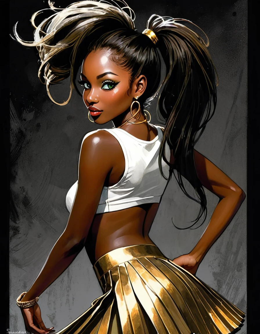 A beautiful black girl with mythic features and clear eyes. She has a well-toned body with large breasts. Her wild brown hair falls just above her shoulders. She has a smooth face with thick and defined lips. She is wearing tight and provocative clothes, along with high-heeled boots. Her outfit consists of white and yellow garments. The environment surrounding her is urban, in a large modern and populous city. The image should be in a cinematic style, highly detailed, and realistic.Type of Image: Photorealistic digital illustration Subject Description: A stunning black mythic girl with clear eyes. She possesses a well-toned body with large breasts. Her brown wild hair falls above her shoulders. The girl has a soft face with thick and defined lips. She is dressed in tight and provocative attire, complemented by high-heeled boots. The color scheme of her outfit is white with touches of yellow. The setting is an urban environment within a bustling, modern, and populous city. Art Styles: Realism, fantasy Art Inspirations: Art Station, Dribble, Behance, Deviantart Camera: Close-up shot Render Related Information: Highly detailed, realistic, vibrant colors, 4K resolution