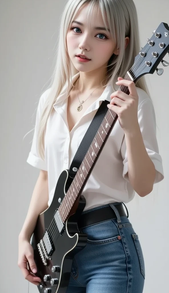 (((White background:1.5)))、( extremely wide shots )、(masterpiece、、Best Quality、masterpiece、４hair:1.2)、Slender body、Big Breasts、 holding a black electric guitar,Japanese metal girl , camera friendly gaze ,  intricate detail,  highly detailed eyes, High Resolution Finger、Long silver hair、(white cutter shirt and jeans)、 gentle smile、((( dynamic pose:1.5)))
