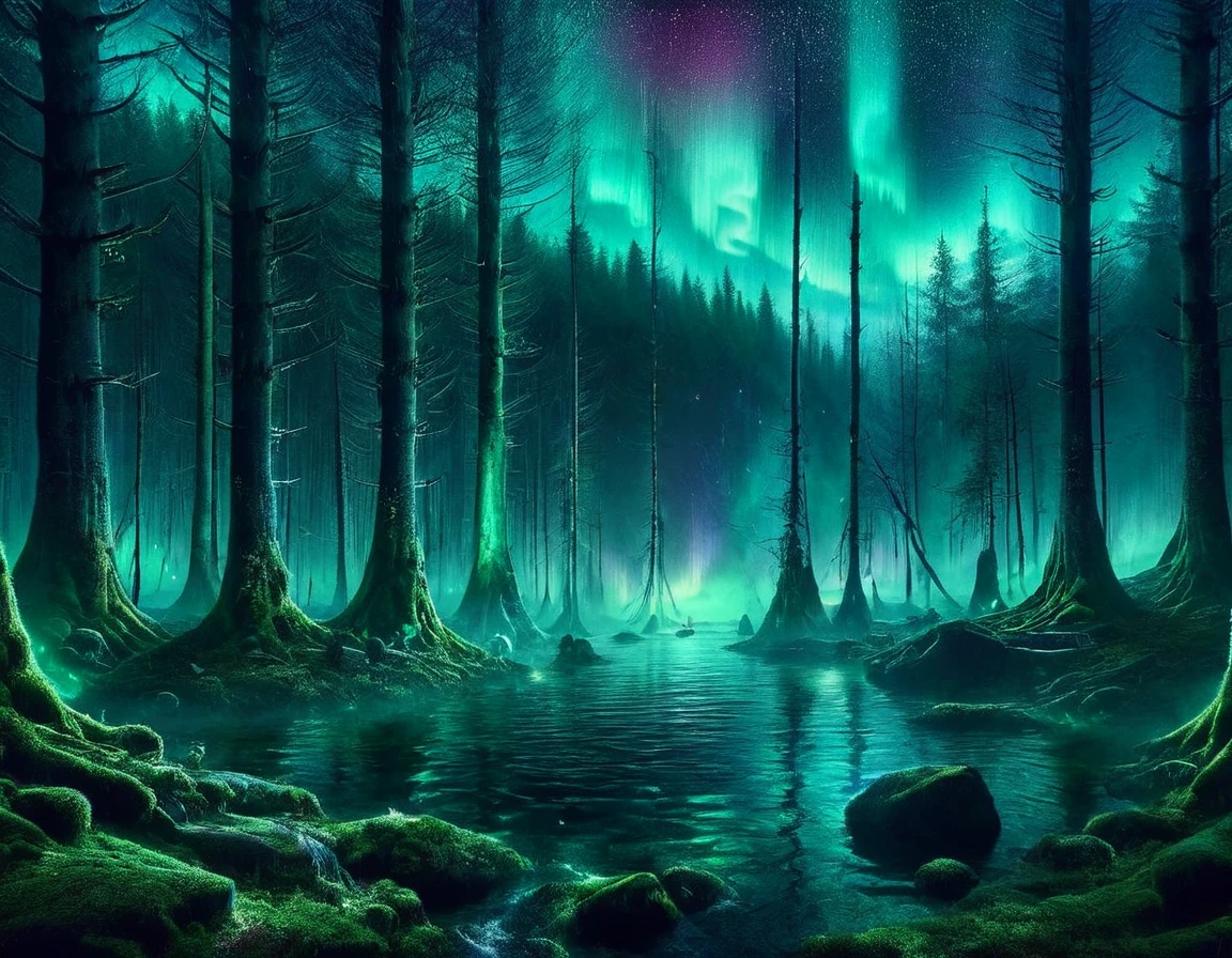 ais-rcn, a hidden spring deep in the forest, illuminated by the ethereal dance of the northern lights, its waters thought to hold ancient powers cinematic