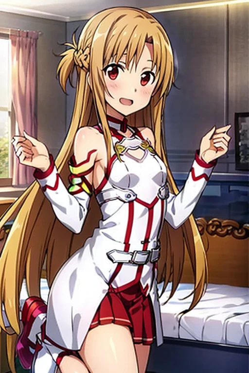 ((Best Quality)), ((masterpiece)), (be familiar with),  perfect face, indoor, bedroom,  watching viewers,
One woman, Yuuki Asuna,
 characters with open mouth ,  ecstatic expression , blush, smile,
Small breasts,  flat chest, , ,  kids, Girl,
Long Hair,  long hair,
Leg spread,