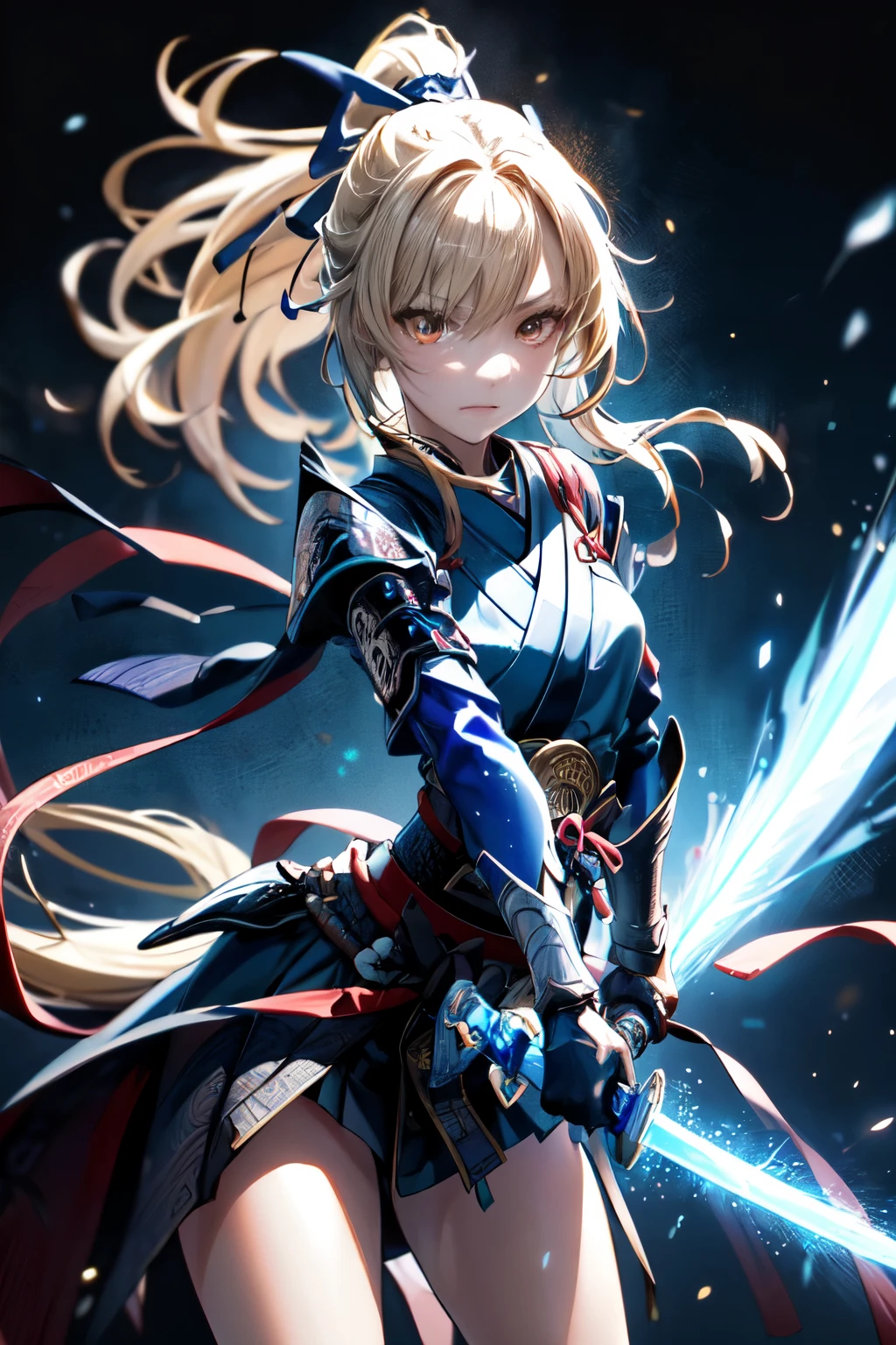 a woman warrior in an anime art style, highly anatomically accurate, detailed character expressions, ponytail hairstyle, masterpiece, wrinkled skin, action painting style, heavy makeup, tan skin, perfect face, perfect eyes, samurai, samurai armor, feudal japan warrior, waist armor, sword strike, small bust, slender thighs, combat with enemies, calm expression, fire elemental, blonde hair, feudal japan warlord, battle of sekigahara, glowing sword effects, translucent sword