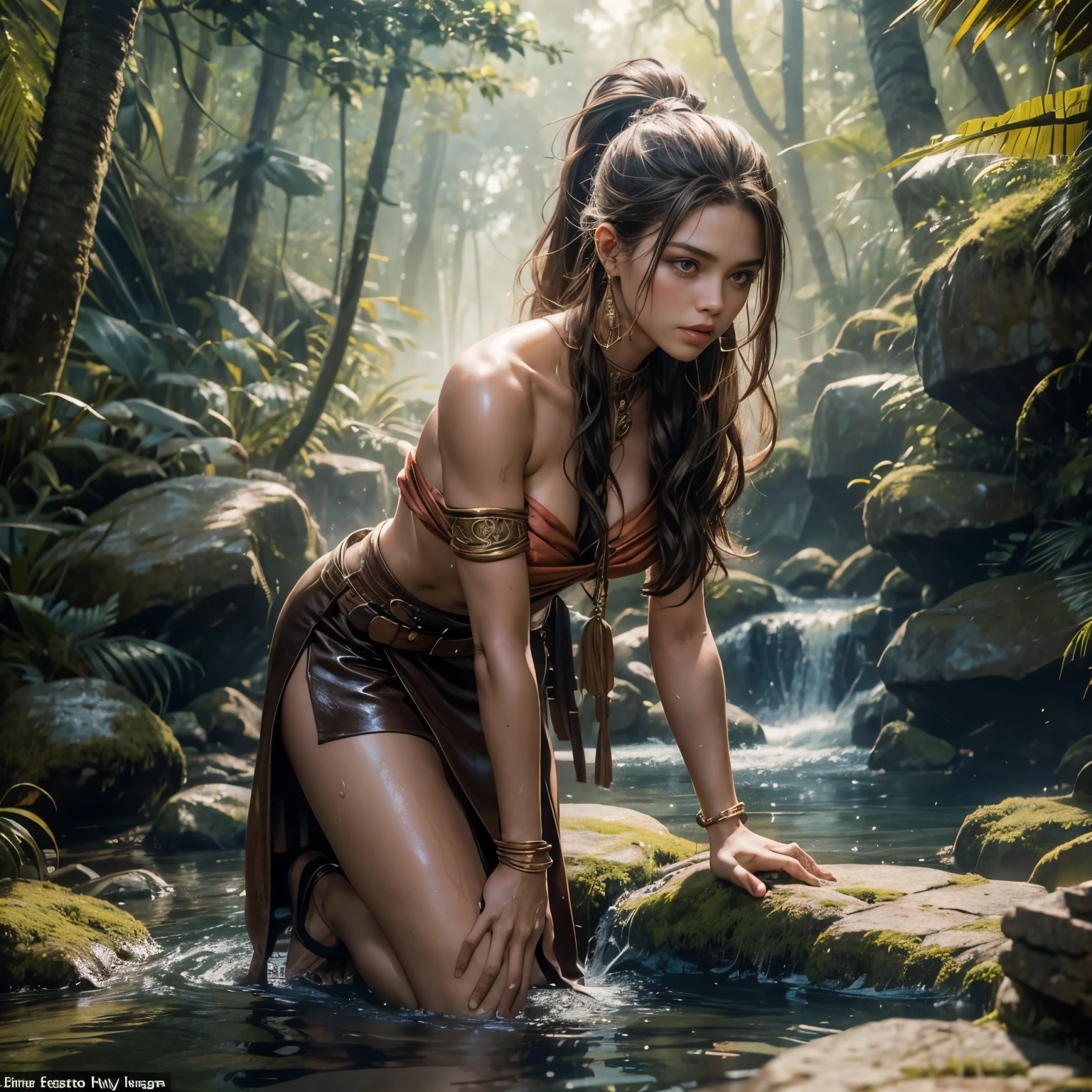A beautiful detailed young elf girl taking a shower, topless, slender body, , detailed facial features, detailed eyes, detailed lips, water droplets, steam, moody lighting, cinematic composition, fantasy landscape background, warm colors, soft focus, photorealistic, 8k, highly detailed