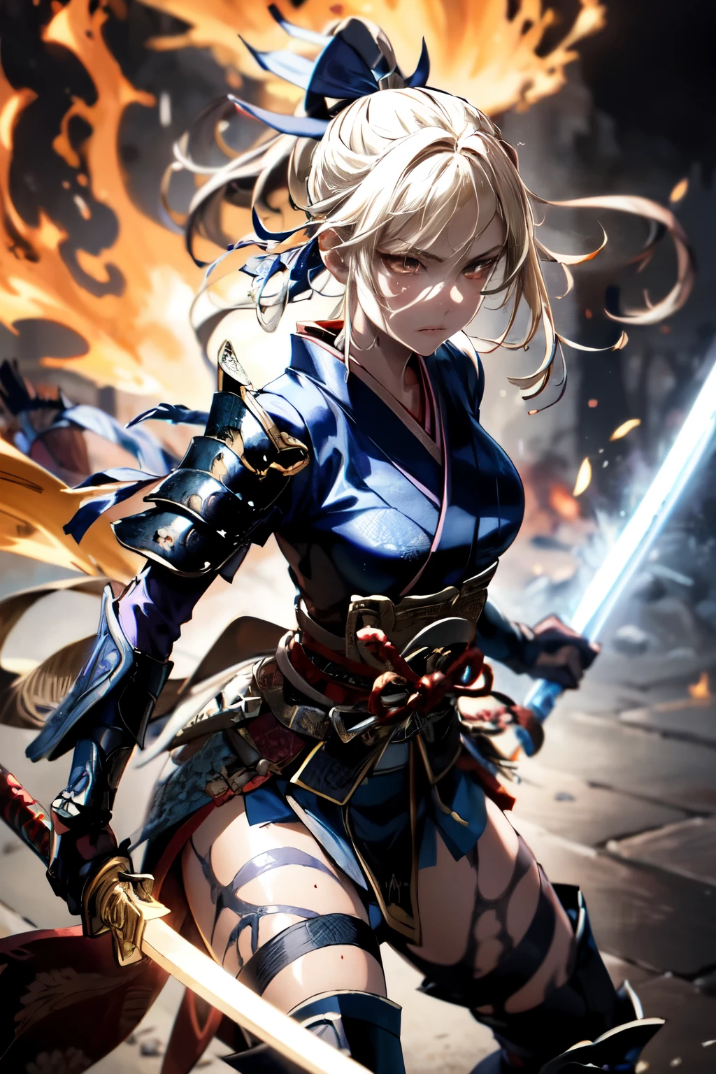 a woman warrior in an anime art style, highly anatomically accurate, detailed character expressions, ponytail hairstyle, masterpiece, wrinkled skin, action painting style, heavy makeup, tan skin, perfect face, perfect eyes, samurai, samurai armor, feudal japan warrior, waist armor, sword strike, small bust, slender thighs, combat with enemies, calm expression, fire elemental, blonde hair, feudal japan warlord, battle of sekigahara, glowing sword effects, translucent sword