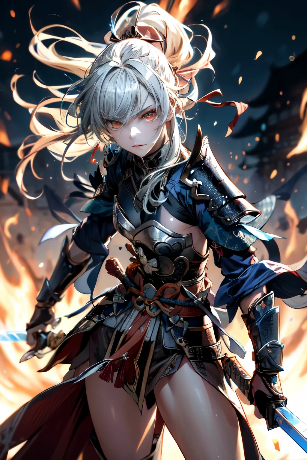 a woman warrior in an anime art style, highly anatomically accurate, detailed character expressions, ponytail hairstyle, masterpiece, wrinkled skin, action painting style, heavy makeup, tan skin, perfect face, perfect eyes, samurai, samurai armor, feudal japan warrior, waist armor, sword strike, small bust, slender thighs, combat with enemies, calm expression, fire elemental, blonde hair, feudal japan warlord, battle of sekigahara, glowing sword effects, translucent sword