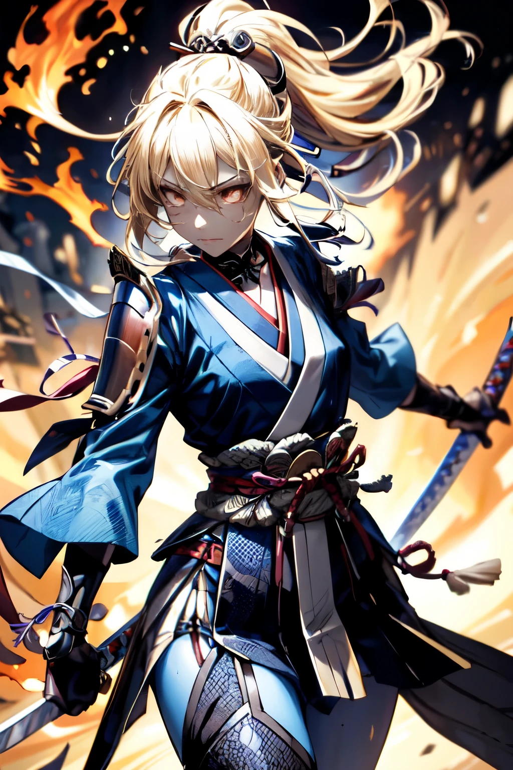 a woman warrior in an anime art style, highly anatomically accurate, detailed character expressions, ponytail hairstyle, masterpiece, wrinkled skin, action painting style, heavy makeup, tan skin, perfect face, perfect eyes, samurai, samurai armor, feudal japan warrior, waist armor, sword strike, small bust, slender thighs, combat with enemies, calm expression, fire elemental, blonde hair, feudal japan warlord, battle of sekigahara, glowing sword effects, translucent sword