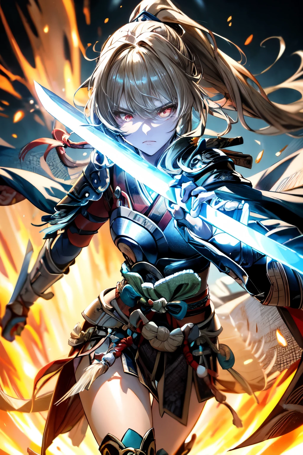 a woman warrior in an anime art style, highly anatomically accurate, detailed character expressions, ponytail hairstyle, masterpiece, wrinkled skin, action painting style, heavy makeup, tan skin, perfect face, perfect eyes, samurai, samurai armor, feudal japan warrior, waist armor, sword strike, small bust, slender thighs, combat with enemies, calm expression, fire elemental, blonde hair, feudal japan warlord, battle of sekigahara, glowing sword effects, translucent sword