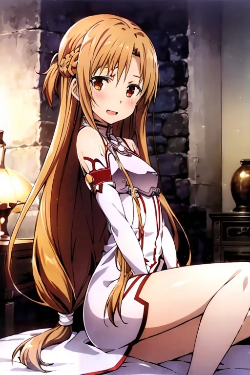 ((Best Quality)), ((masterpiece)), (be familiar with),  perfect face, indoor, bedroom,  watching viewers,
One woman, Yuuki Asuna,
 characters with open mouth ,  ecstatic expression , blush, smile,
Small breasts,  flat chest, , ,  kids, Girl,
Long Hair,  long hair,
Leg spread,