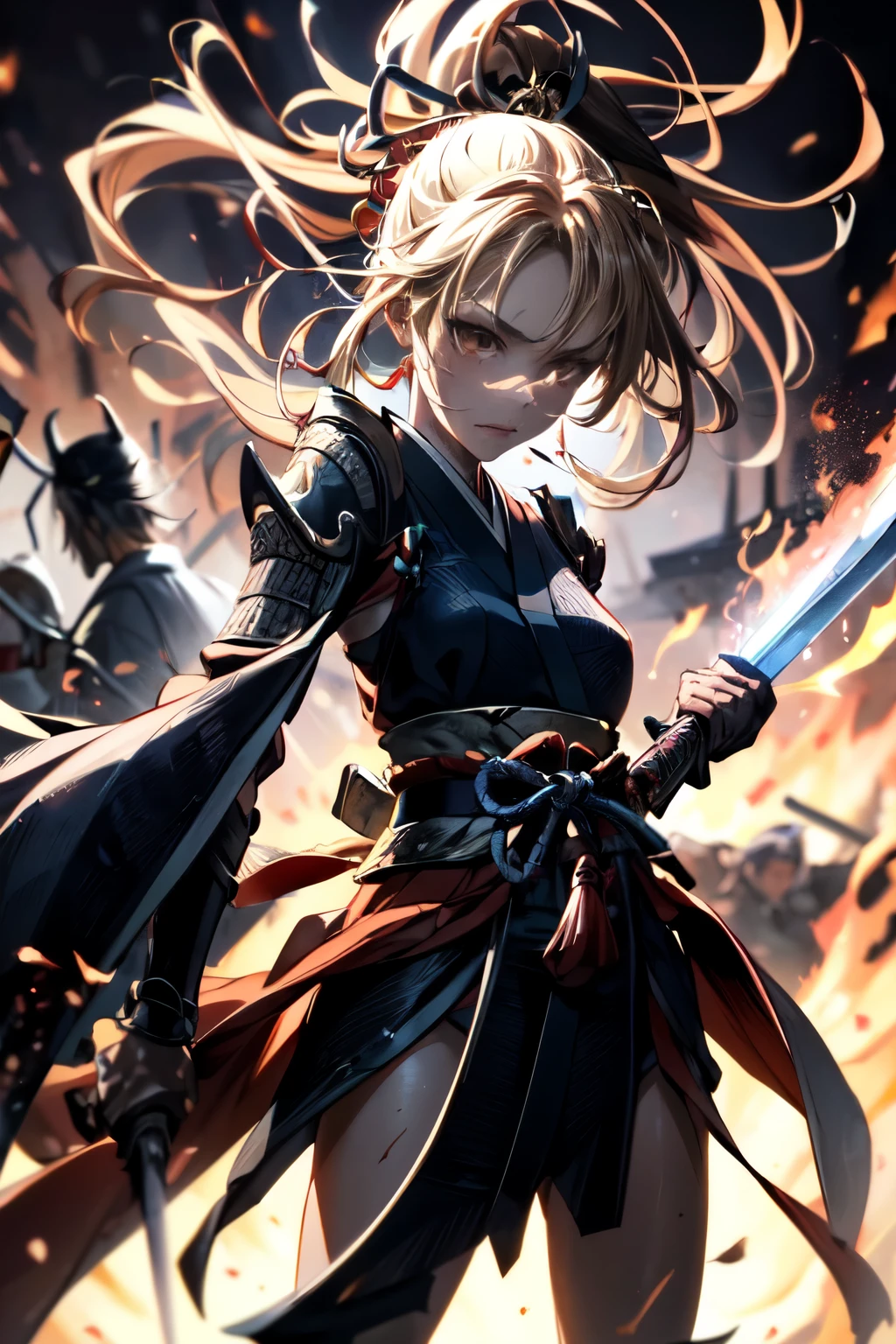 a woman warrior in an anime art style, highly anatomically accurate, detailed character expressions, ponytail hairstyle, masterpiece, wrinkled skin, action painting style, heavy makeup, tan skin, perfect face, perfect eyes, samurai, samurai armor, feudal japan warrior, waist armor, sword strike, small bust, slender thighs, combat with enemies, calm expression, fire elemental, blonde hair, feudal japan warlord, battle of sekigahara, glowing sword effects, translucent sword