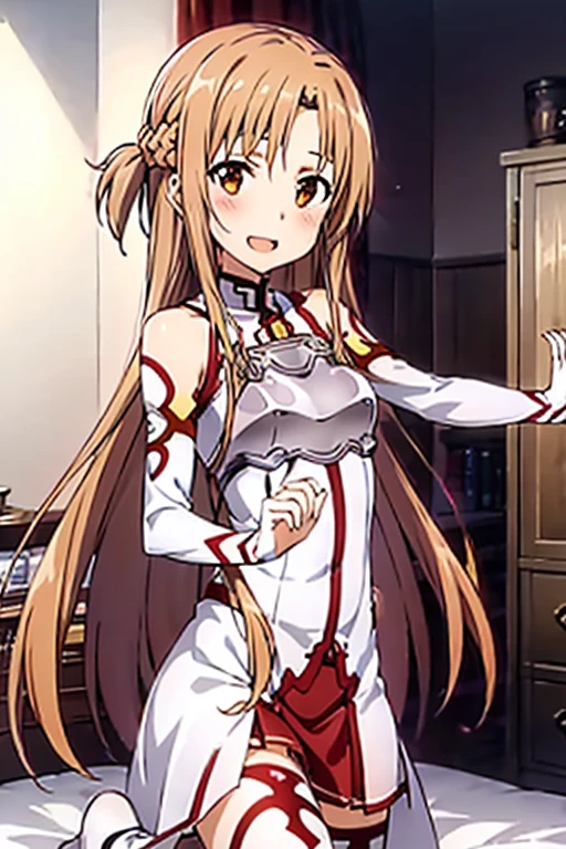 ((Best Quality)), ((masterpiece)), (be familiar with),  perfect face, indoor, bedroom,  watching viewers,
One woman, Yuuki Asuna,
 characters with open mouth ,  ecstatic expression , blush, smile,
Small breasts,  flat chest, , ,  kids, Girl,
Long Hair,  long hair,
Leg spread,