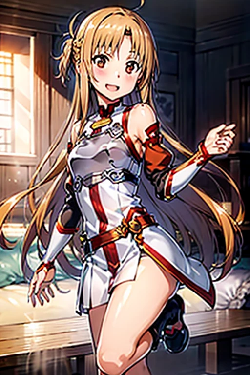 ((Best Quality)), ((masterpiece)), (be familiar with),  perfect face, indoor, bedroom,  watching viewers,
One woman, Yuuki Asuna,
 characters with open mouth ,  ecstatic expression , blush, smile,
Small breasts,  flat chest, , ,  kids, Girl,
Long Hair,  long hair,
Leg spread,